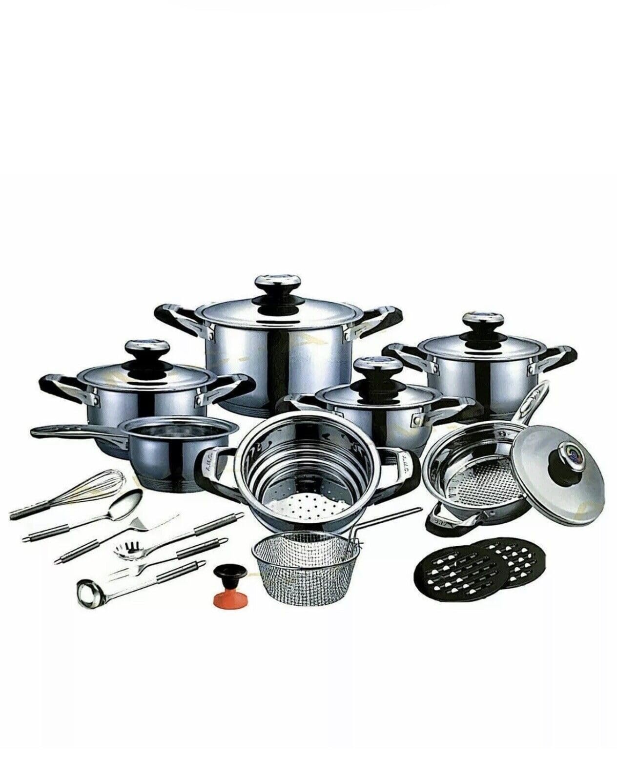 71ukGYP7olL AMC Premium 25-teiliges Kochgeschirr-Set, Edelstahl mit 7-Schicht-Kapselboden, Thermoknopf, Induktionsgeeignet, Casserole und Dampfgareinsatz, Limited Edition Germany Design – Bild 1